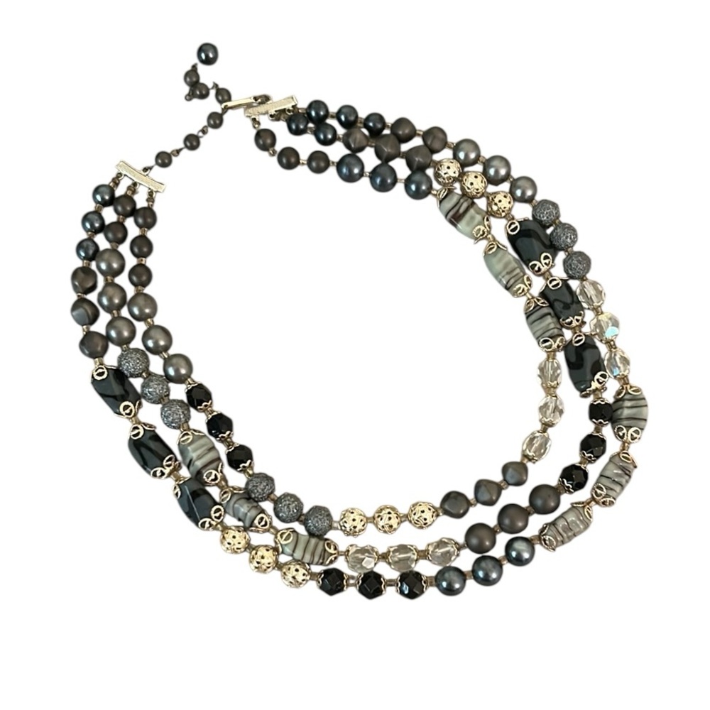 Vintage Glass Stone Plastic Fancy Bead Multi Strand Gray Black Gold Necklace